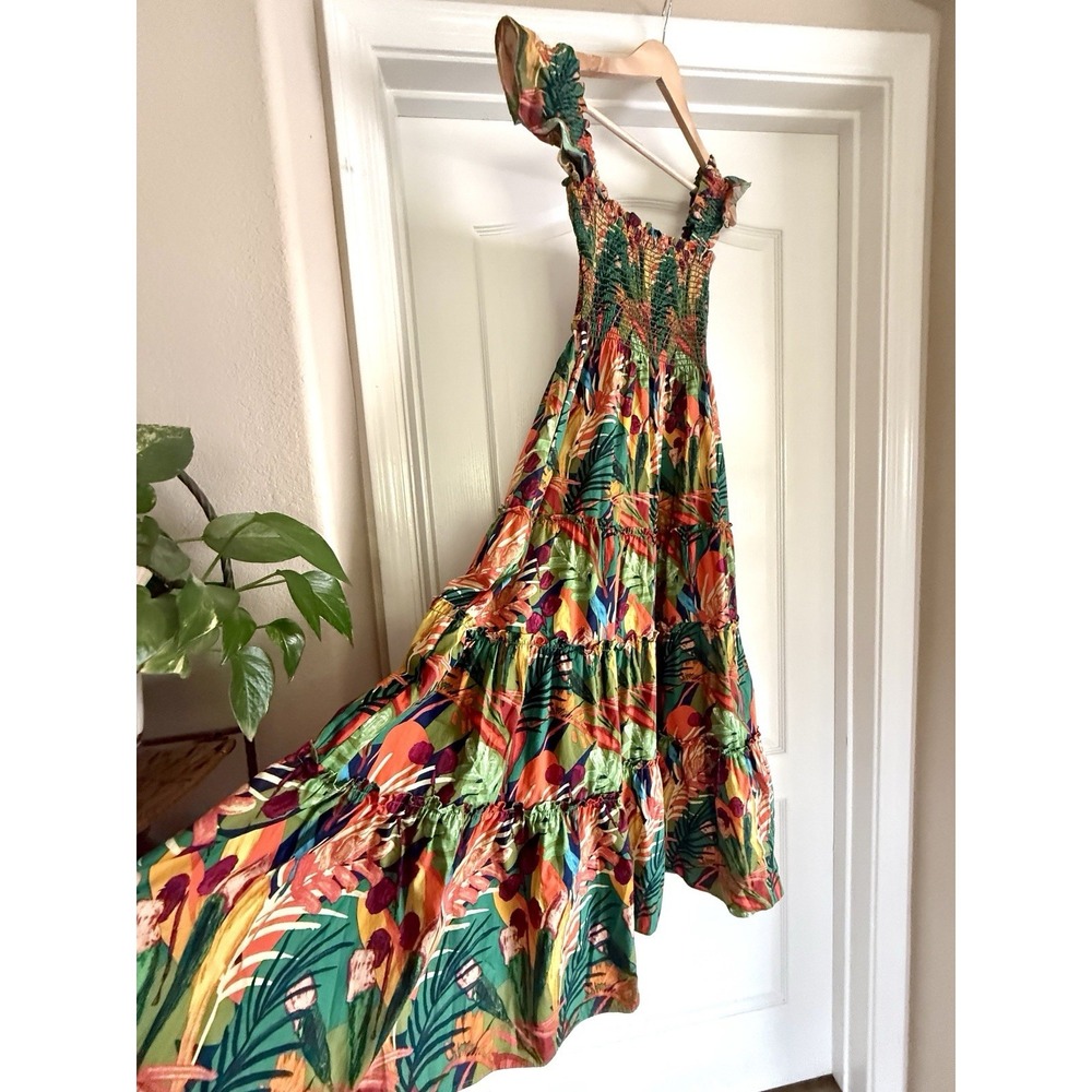 Anthropologie OPT Calypso Tropical Cotton Sundress Womens L Bold Floral Smocked - Picture 2 of 11